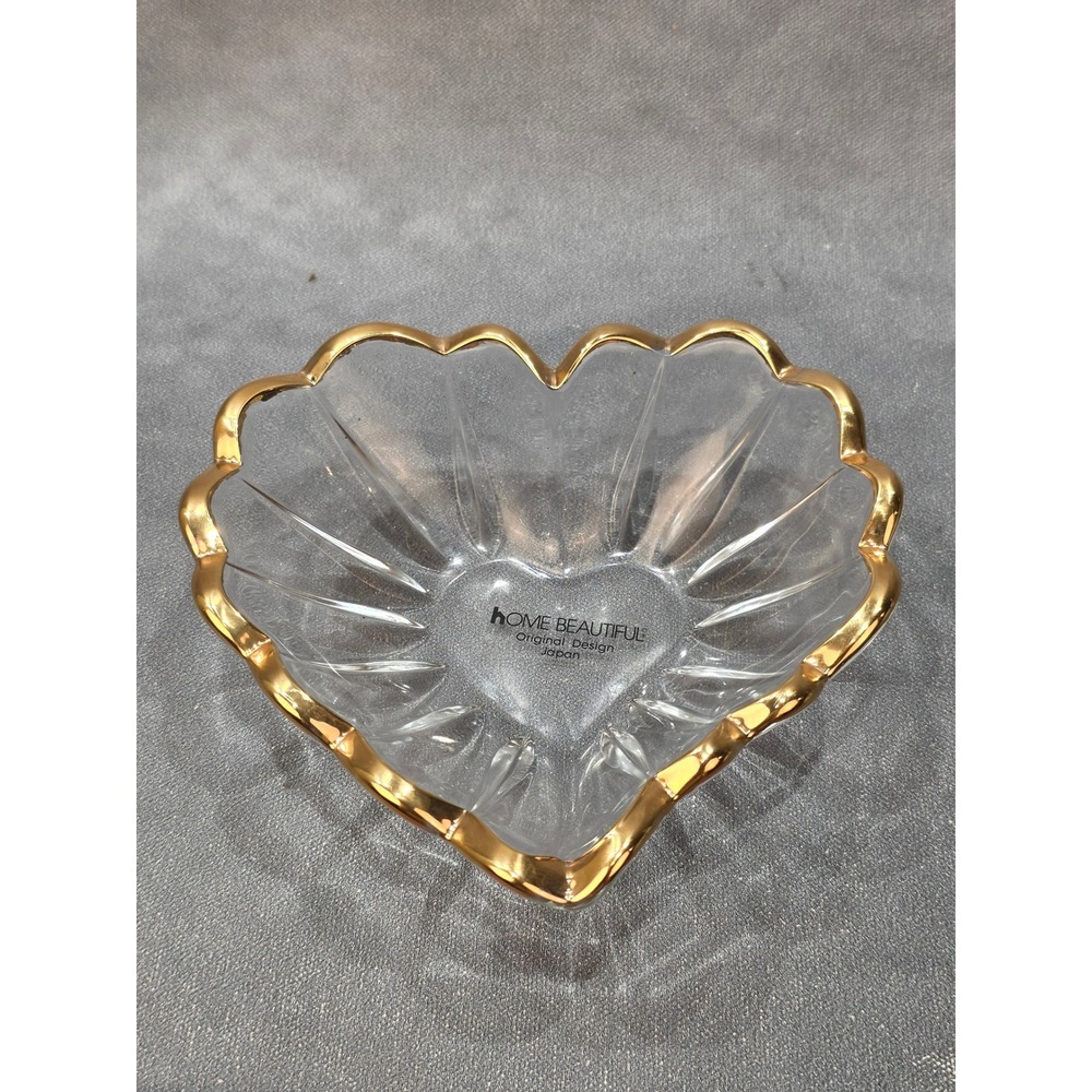 Home Beautiful Crystal Heart Shaped Bowl Gold Trim Scalloped Edge Japan 6 inch